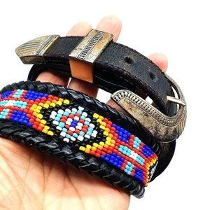 Vintage 1991 Black Leather Hand Crafted Laced Seed Bead Decorative Belt 26